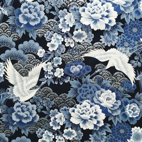 Japanese crane fabric, metallic birds, heron, stork, silver and blue 